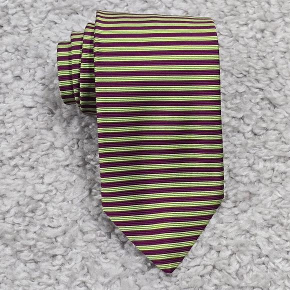 Brooks Brothers Makers Neck Tie Mens Green‎ Purple Stripe 100% Silk Made in USA - Picture 1 of 6